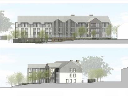 Architectural rendering of a modern multi-story residential building with large windows, balconies, and contrasting li.ght and dark exterior finishes, surrounded by trees and greenery